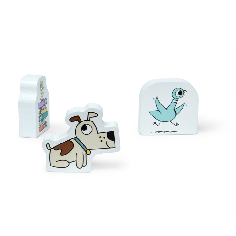 The loose pieces of The Melissa & Doug Mo Willems "Don't Let the Pigeon Drive the Bus!" Wooden Play Set - For Ages 3+