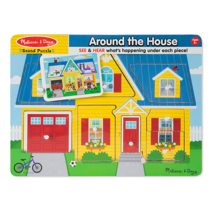 The front of the box for The Melissa & Doug Around the House Sound Puzzle - Wooden Peg Puzzle (8 pcs)