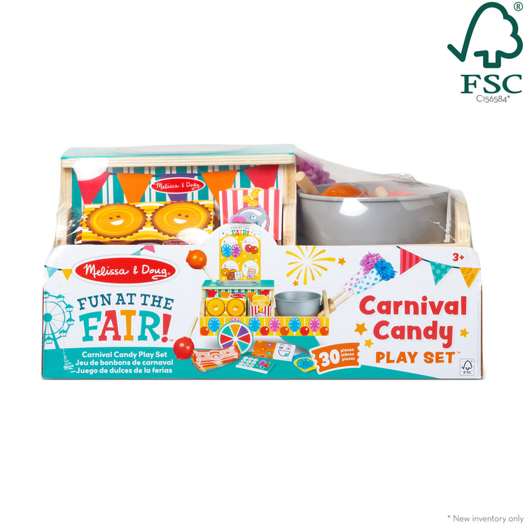The front of the box for The Melissa & Doug Fun at the Fair! Wooden Carnival Candy Tabletop Cart and Play Food Set