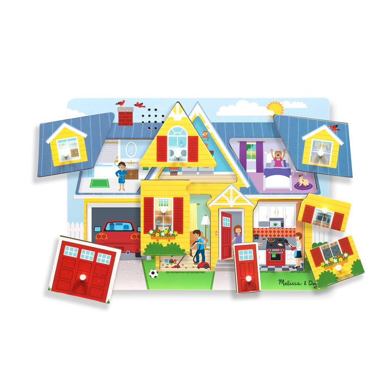 The loose pieces of The Melissa & Doug Around the House Sound Puzzle - Wooden Peg Puzzle (8 pcs)