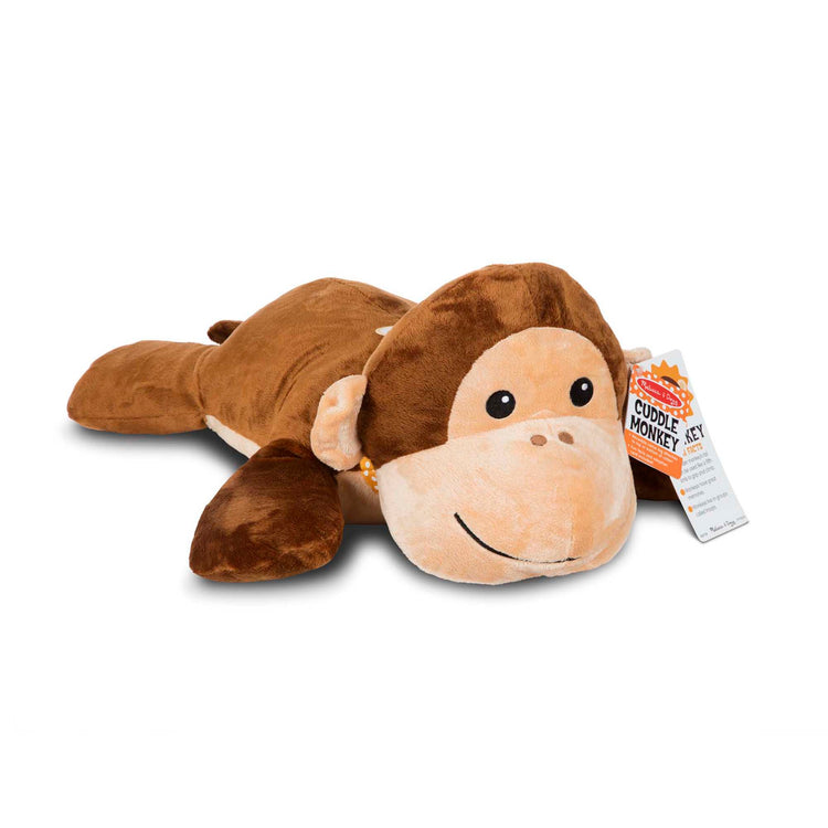 The front of the box for The Melissa & Doug Cuddle Monkey Jumbo Plush Stuffed Animal with Activity Card
