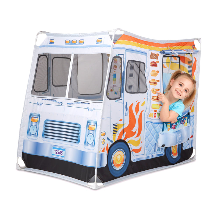A child on white background with The Melissa & Doug Food Truck Play Tent