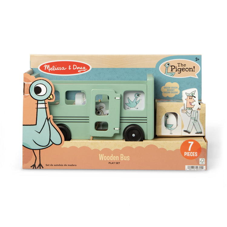 The front of the box for The Melissa & Doug Mo Willems "Don't Let the Pigeon Drive the Bus!" Wooden Play Set - For Ages 3+