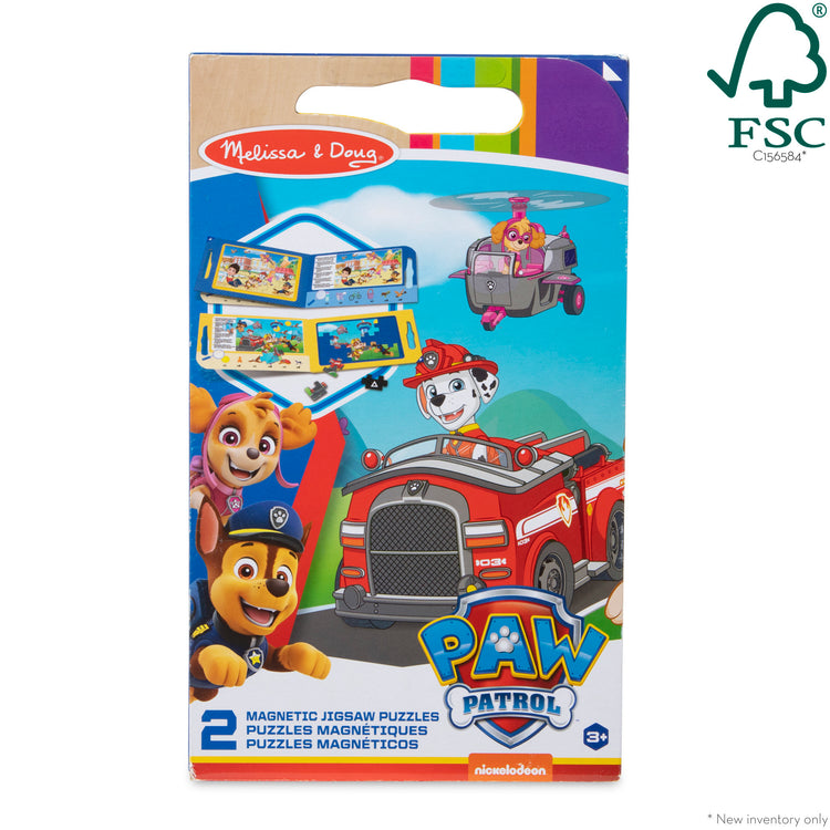 The front of the box for The Melissa & Doug PAW Patrol Take-Along Magnetic Jigsaw Puzzles (2 15-Piece Puzzles)