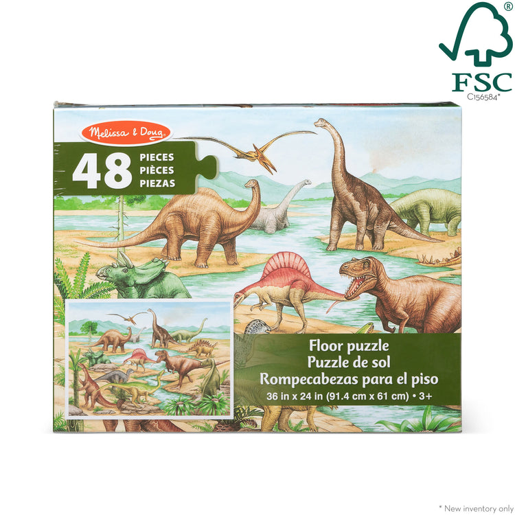 The front of the box for The Melissa & Doug Dinosaurs Floor Puzzle - 48 Pieces (2 Feet x 3 Feet Assembled)