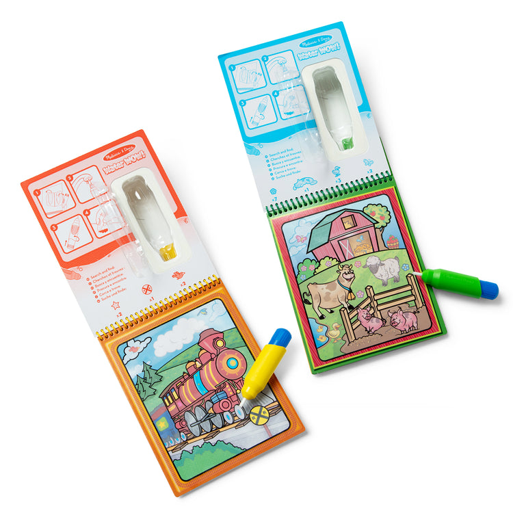 The loose pieces of The Melissa & Doug Water WOW! 2-Pack – Animals, Vehicles Water-Reveal Travel Activity Pads 