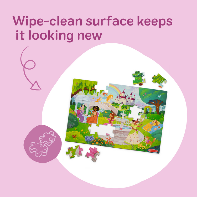 A playroom scene with The Melissa & Doug Fairy Tale Castle, Storybook Princess Themed Jumbo Floor Puzzle, 48-Piece Jigsaw Puzzle, 3 x 2 Foot Toddler Puzzles for Kids Ages 3+