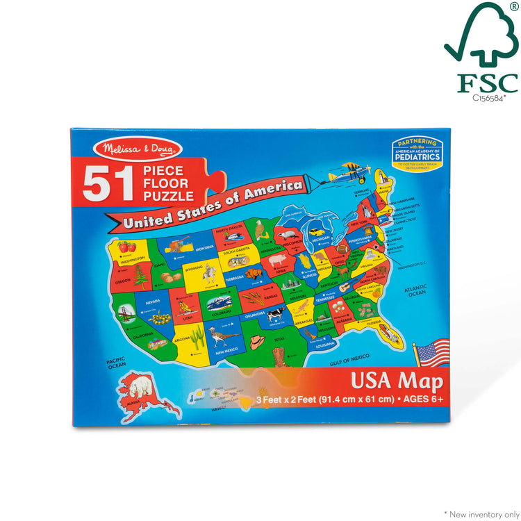 The front of the box for The Melissa & Doug USA Map Floor Puzzle - 51 Pieces (2 x 3 feet)
