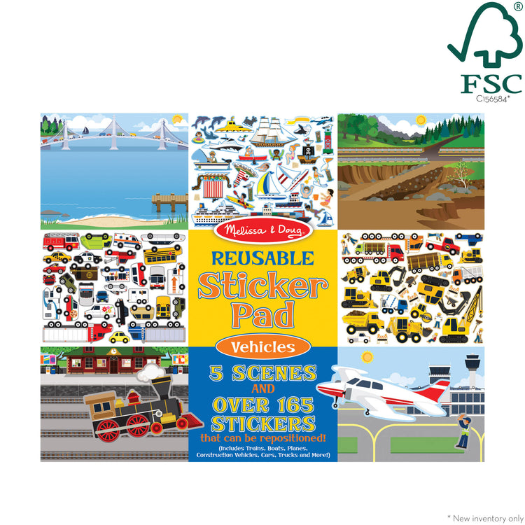 The front of the box for The Melissa & Doug Reusable Sticker Pad: Vehicles - 165+ Reusable Stickers