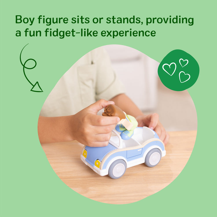 The front of the box for The Melissa & Doug Cheery Lane Vehicle and Boy Figure, Wooden Toy Convertible Car Playset - For Ages 2+