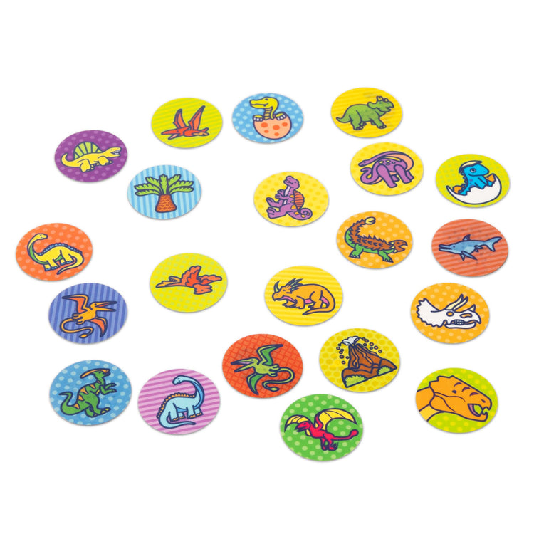 The loose pieces of The Melissa & Doug Sticker WOW!™ 300+ Refill Stickers for Sticker Stamper Arts and Crafts Fidget Toy Collectibles – Dinosaur Prehistoric Theme, Assorted (Stickers Only)