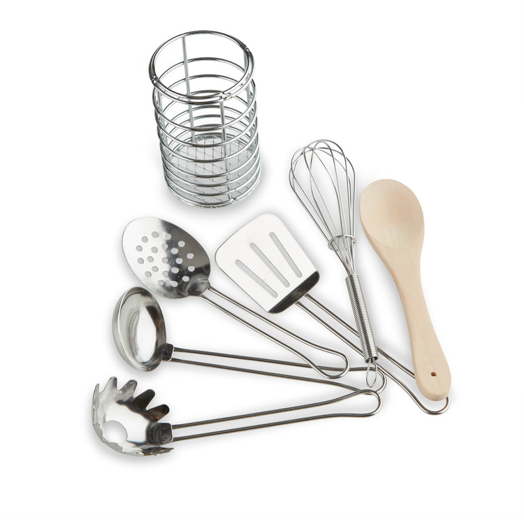 The loose pieces of The Melissa & Doug Stir and Serve Cooking Utensils (7 pcs) - Stainless Steel and Wood
