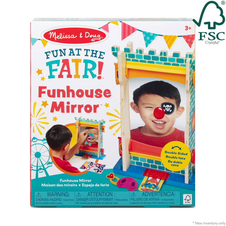 The front of the box for The Melissa & Doug Fun at the Fair! Wooden Double-Sided Funhouse Mirror