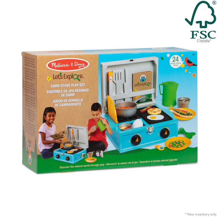 The front of the box for The Melissa & Doug Let’s Explore Camp Stove Play Set – 24 Pieces