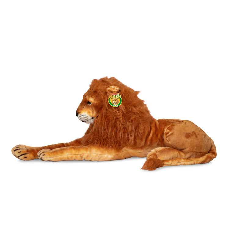 The front of the box for The Melissa & Doug Giant Lion - Lifelike Stuffed Animal (over 6 feet long)