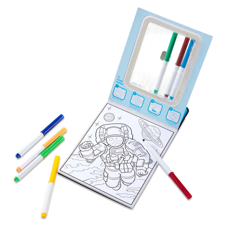 The loose pieces of The Melissa & Doug Magic-Pattern Kids’ Adventure Marker Coloring Pad On the Go Travel Activity