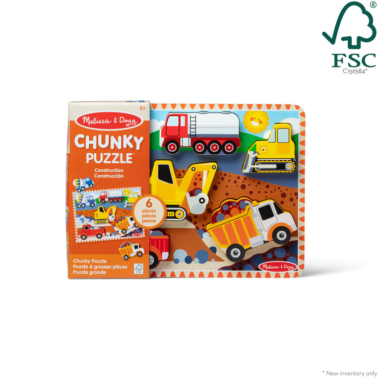 The front of the box for The Melissa & Doug Construction Vehicles Wooden Chunky Puzzle (6 pcs)