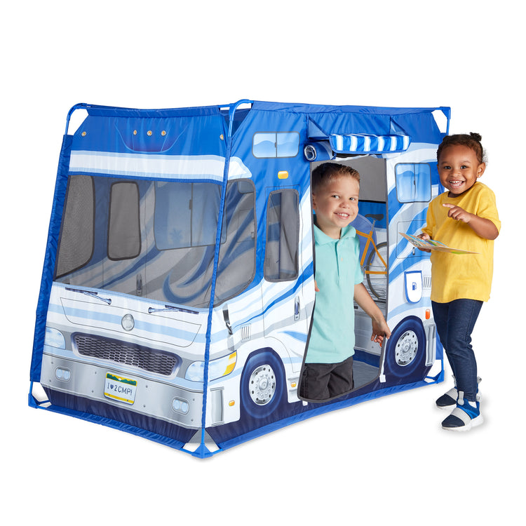 A child on white background with The Melissa & Doug Let’s Explore Camper Tent Play Set – 47” x 31” x 39” Assembled