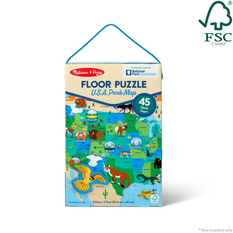 A kid playing with The Melissa & Doug National Parks U.S.A. Map Floor Puzzle – 45 Jumbo and Animal Shaped Pieces, Search-and-Find Activities, Park and Animal ID Guide