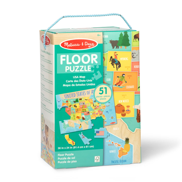 The front of the box for The Melissa & Doug USA Map Jumbo Floor Puzzle, 51-Piece Jigsaw Puzzle of The United States, with State Capitals, Over 3 Ft Long, Kids Puzzles for Girls & Boys Ages 6+