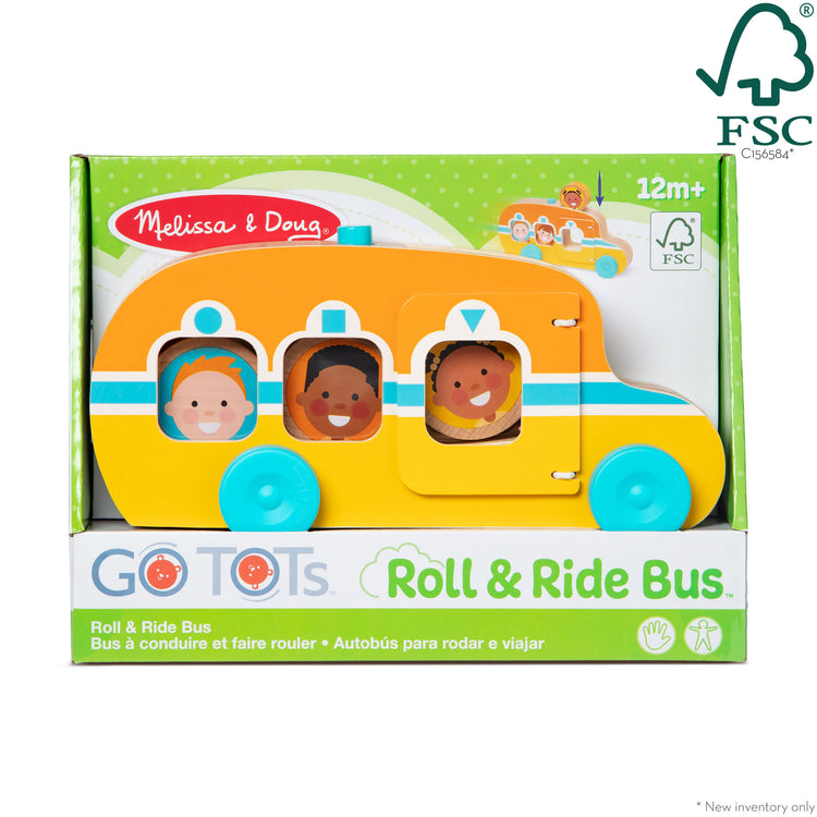 The front of the box for The Melissa & Doug GO Tots Wooden Roll & Ride Bus with 3 Disks