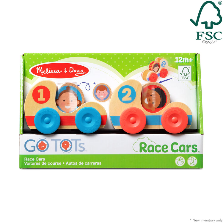 The front of the box for The Melissa & Doug GO Tots Wooden Race Cars (2 Cars, 2 Disks)