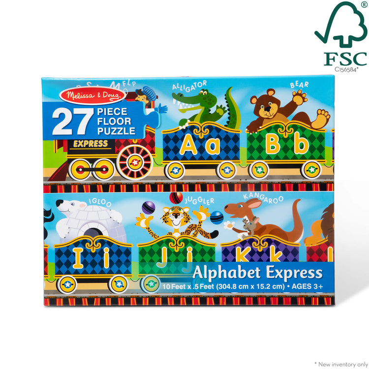 The front of the box for The Melissa & Doug Alphabet Express Jumbo Jigsaw Floor Puzzle (27 pcs, 10 feet long)