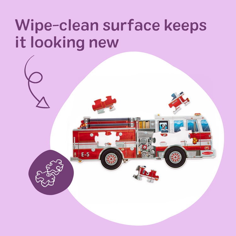 A playroom scene with The Melissa & Doug Giant Fire Truck Shaped Jumbo Floor Puzzle, 24-Piece Fire Engine Jigsaw Puzzle, Over 4 Ft Long Kids Puzzles for Toddlers Ages 3+