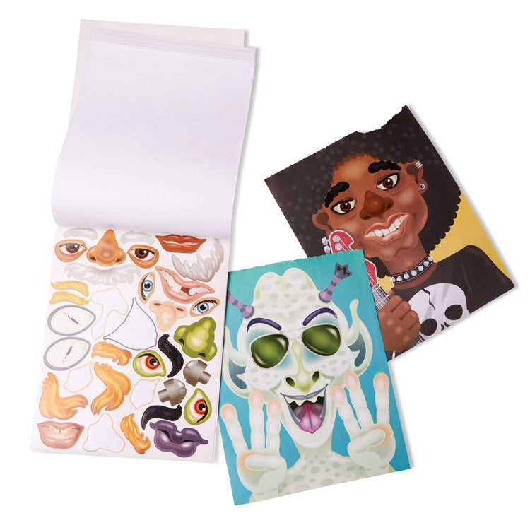 The loose pieces of The Melissa & Doug Make-a-Face Sticker Pad - Crazy Characters, 20 Faces, 5 Sticker Sheets