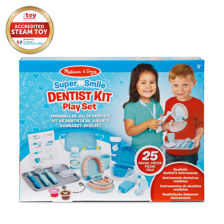 The front of the box for The Melissa & Doug Super Smile Dentist Kit With Pretend Play Set of Teeth And Dental Accessories (25 Toy Pieces)