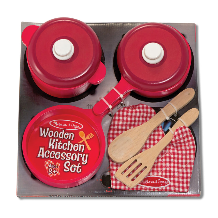 The front of the box for The Melissa & Doug Deluxe Wooden Kitchen Accessory Play Set - Pots & Pans (8 pcs)