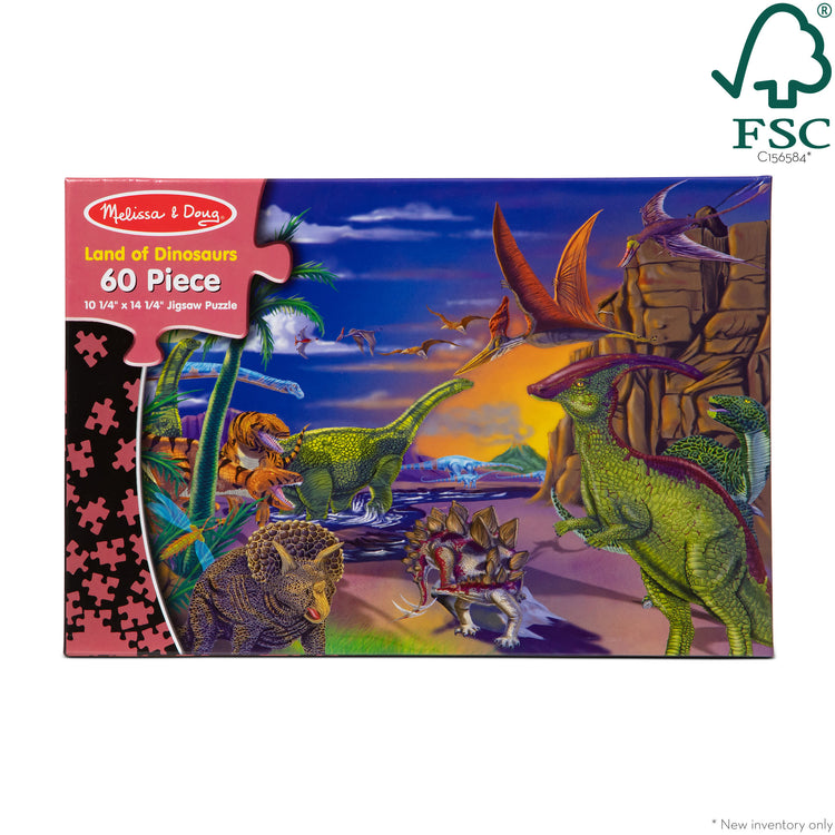 The front of the box for The Melissa & Doug Land of Dinosaurs Jigsaw Puzzle (60 pcs)