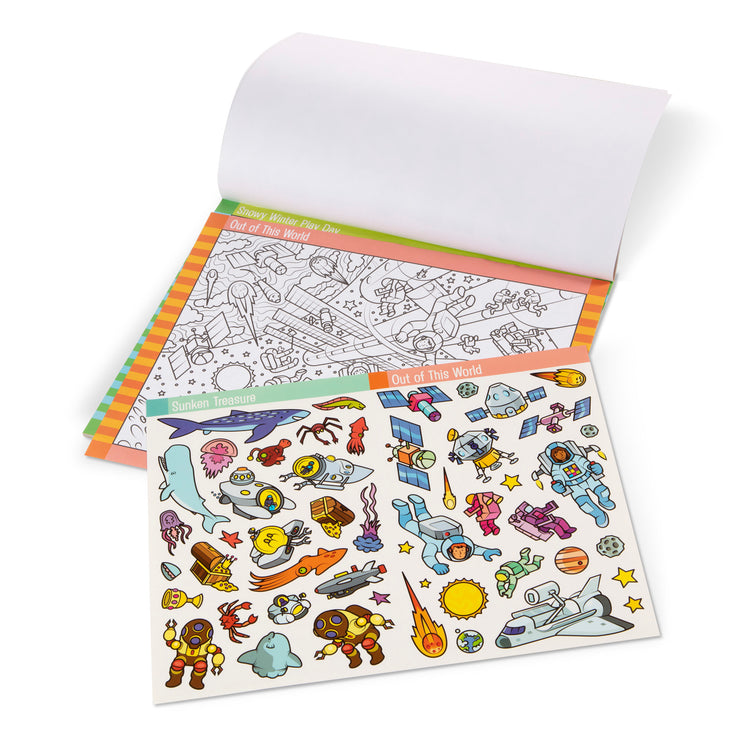 The loose pieces of The Melissa & Doug Seek and Find Sticker Pad – Adventure (400+ Stickers, 14 Scenes to Color)