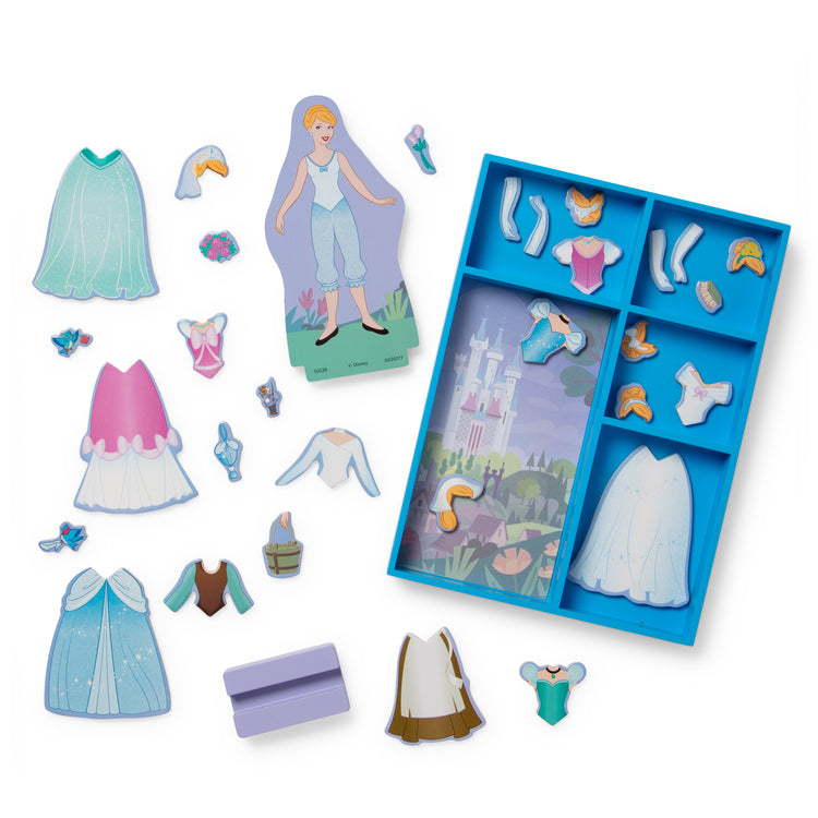 The loose pieces of The Melissa & Doug Disney Princess Cinderella Magnetic Dress-Up Wooden Doll Pretend Play Set (30+ pcs)