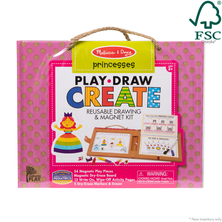 The front of the box for The Melissa & Doug Natural Play: Play, Draw, Create Reusable Drawing & Magnet Kit – Princesses (54 Magnets, 5 Dry-Erase Markers)