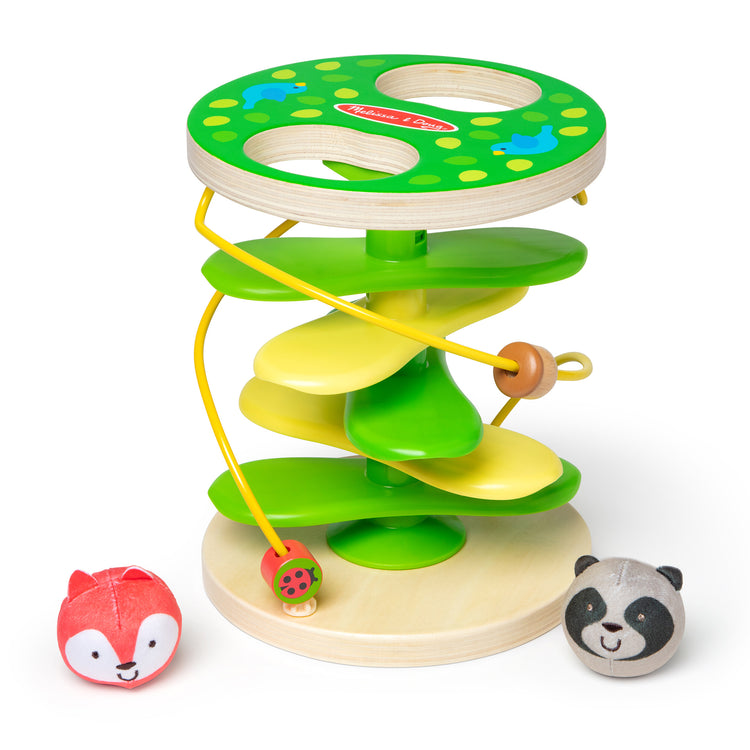 The loose pieces of The Melissa & Doug Rollables Treehouse Twirl Infant and Toddler Toy (3 Pieces)