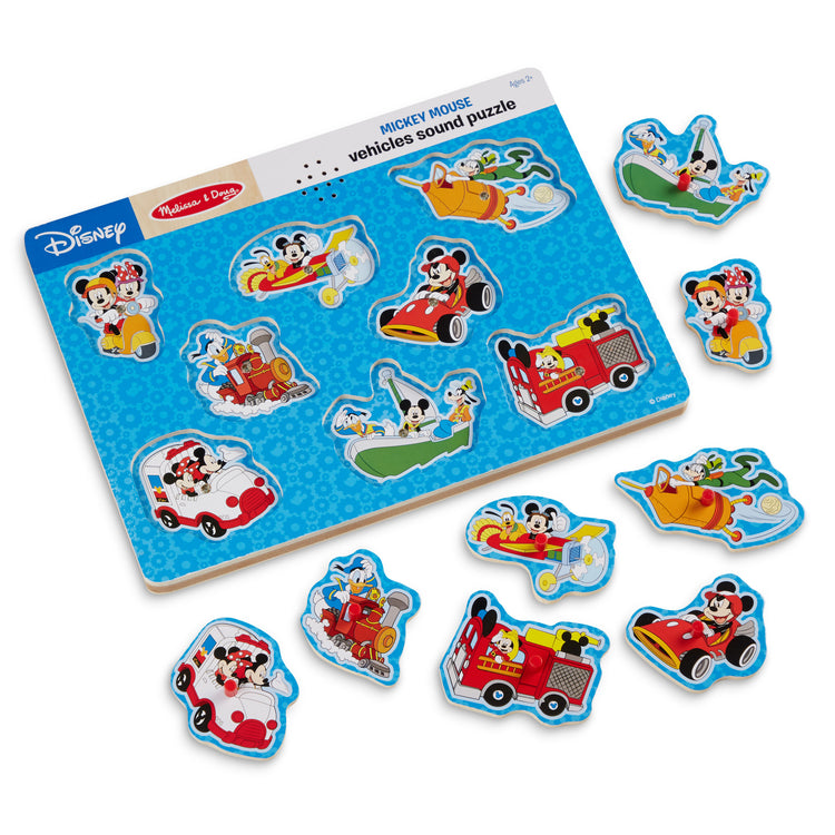 The loose pieces of The Melissa & Doug Disney Mickey Mouse and Friends Vehicles Sound Puzzle (8 pcs)
