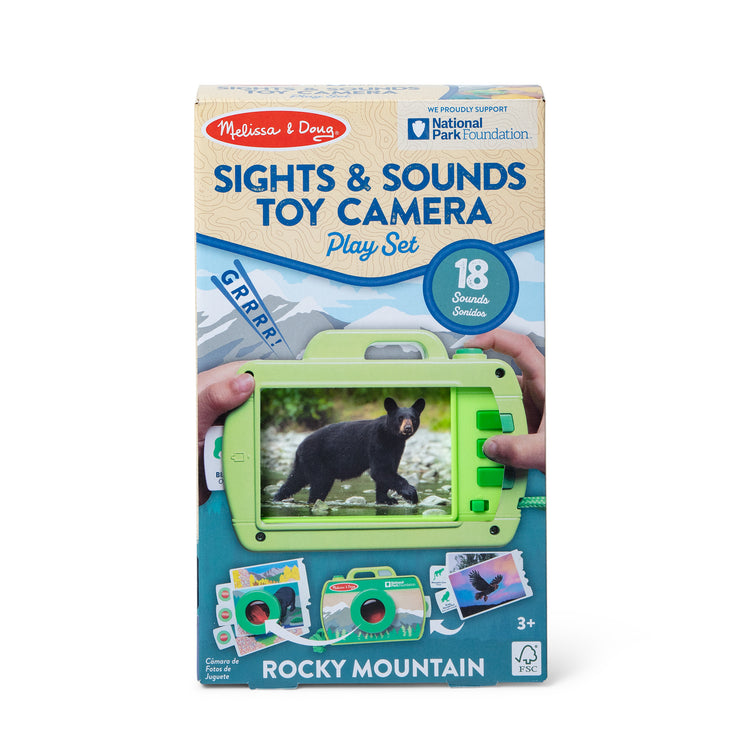 The front of the box for The Melissa & Doug Rocky Mountain National Park Sights and Sounds Wooden Toy Camera Play Set