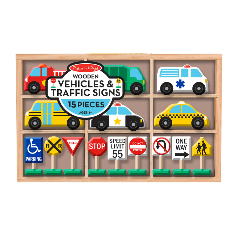 The front of the box for The Melissa & Doug Wooden Vehicles and Traffic Signs With 6 Cars and 9 Signs