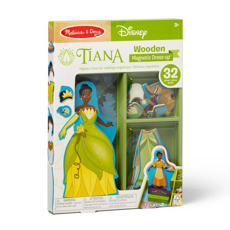 The front of the box for The Melissa & Doug Disney Princess Tiana Magnetic Dress-Up Wooden Doll Pretend Play Set (30+ pcs)
