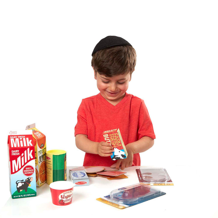 A child on white background with The Melissa & Doug Fridge Groceries Play Food Cartons (8 pieces)
