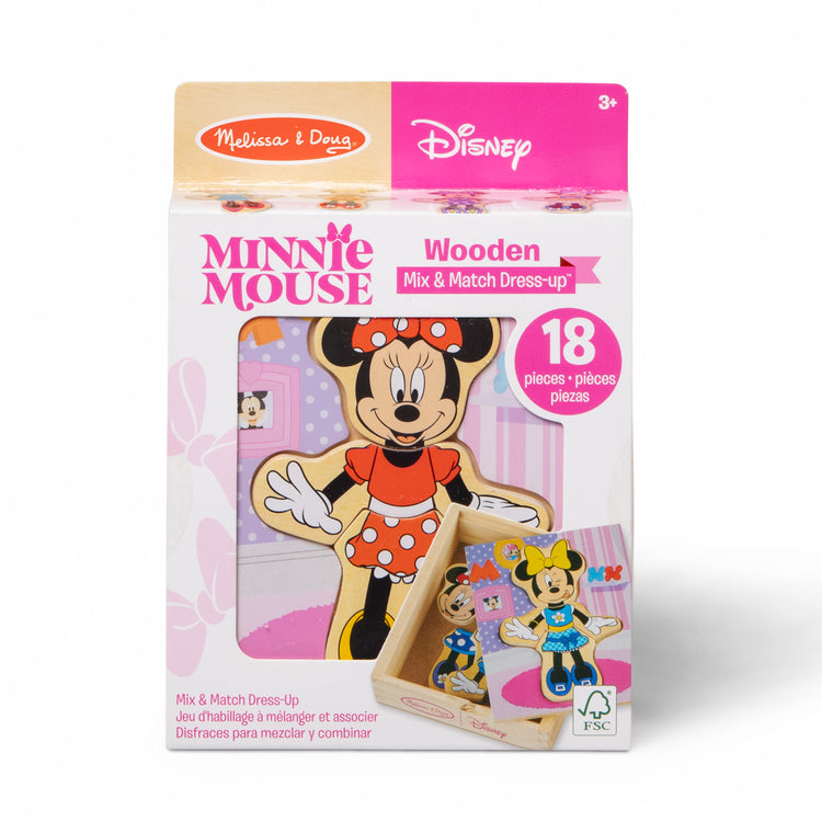 The front of the box for The Melissa & Doug Disney Minnie Mouse Mix and Match Dress-Up Wooden Play Set Puzzle (18 pcs)
