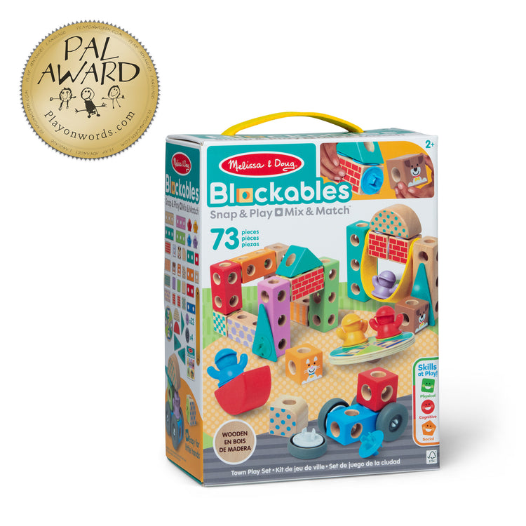 The front of the box for The Melissa & Doug Blockables™ Town Snap And Play, Mix And Match Connectable Wooden Building Blocks Play Set Toy for Preschool Boys And Girls (73 Pcs)