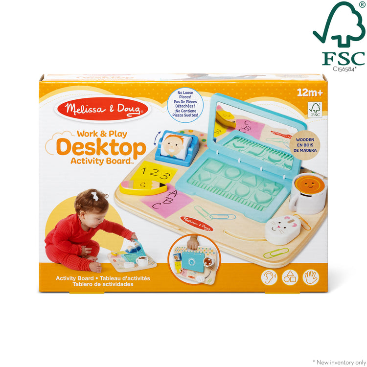 The front of the box for The Melissa & Doug Wooden Work & Play Desktop Activity Board Infant and Toddler Sensory Toy