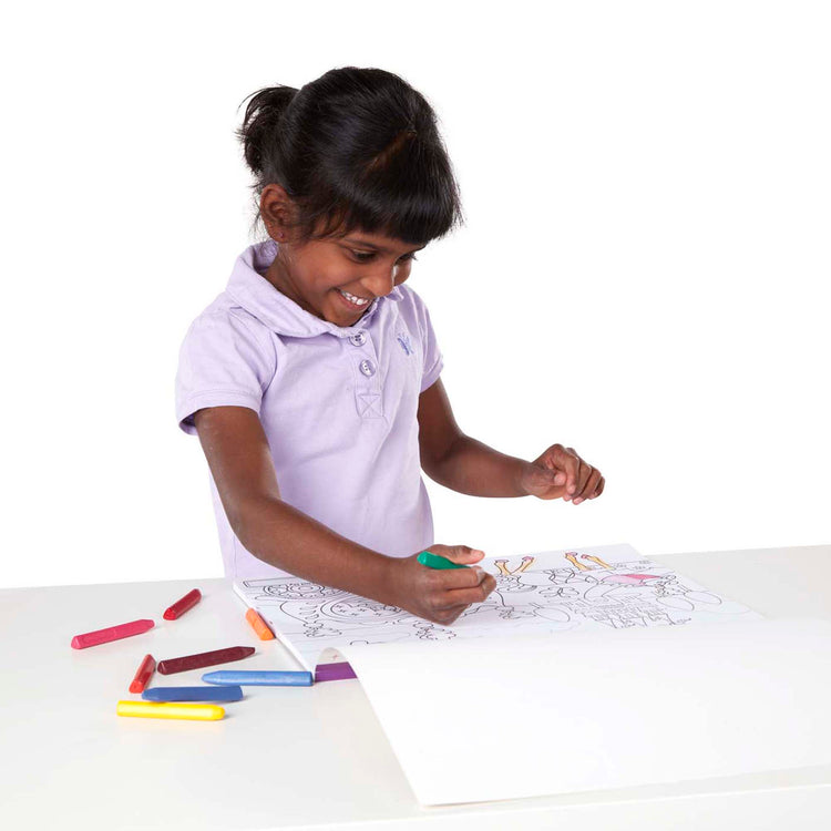 A child on white background with The Melissa & Doug Sticker Collection and Coloring Pads Set: Princesses, Fairies, Animals, and More