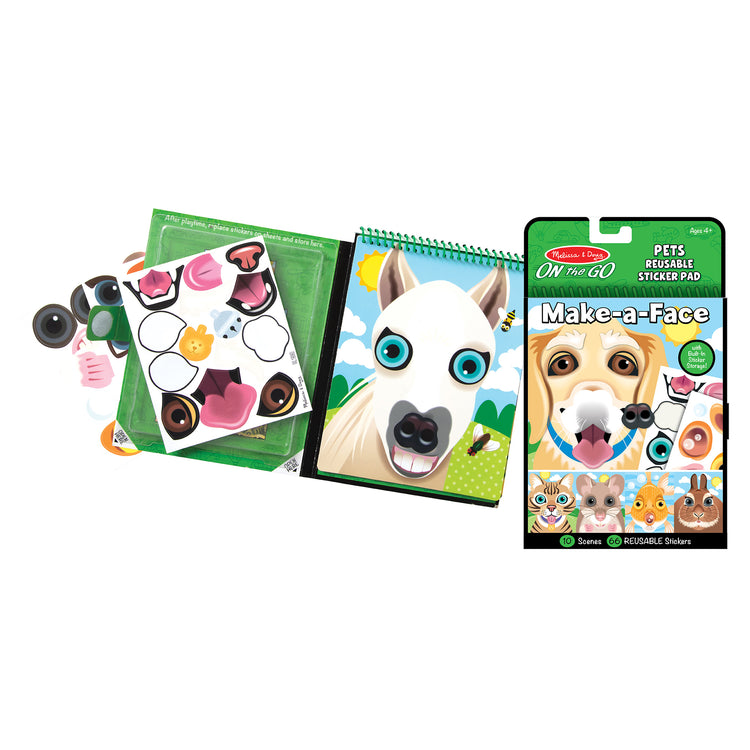 The loose pieces of The Melissa & Doug On the Go Make-a-Face Reusable Sticker Pad Travel Toy Activity Book – Pet Animals (10 Scenes, 65 Cling Stickers)