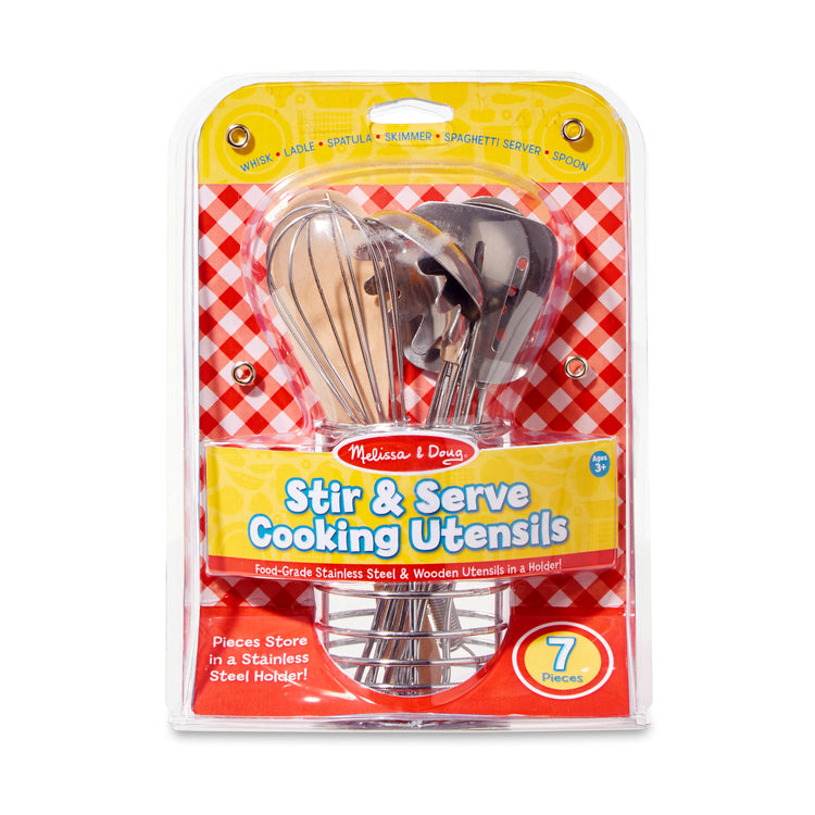 The front of the box for The Melissa & Doug Stir and Serve Cooking Utensils (7 pcs) - Stainless Steel and Wood