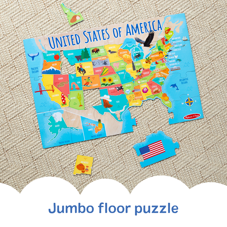 A kid playing with The Melissa & Doug USA Map Jumbo Floor Puzzle, 51-Piece Jigsaw Puzzle of The United States, with State Capitals, Over 3 Ft Long, Kids Puzzles for Girls & Boys Ages 6+