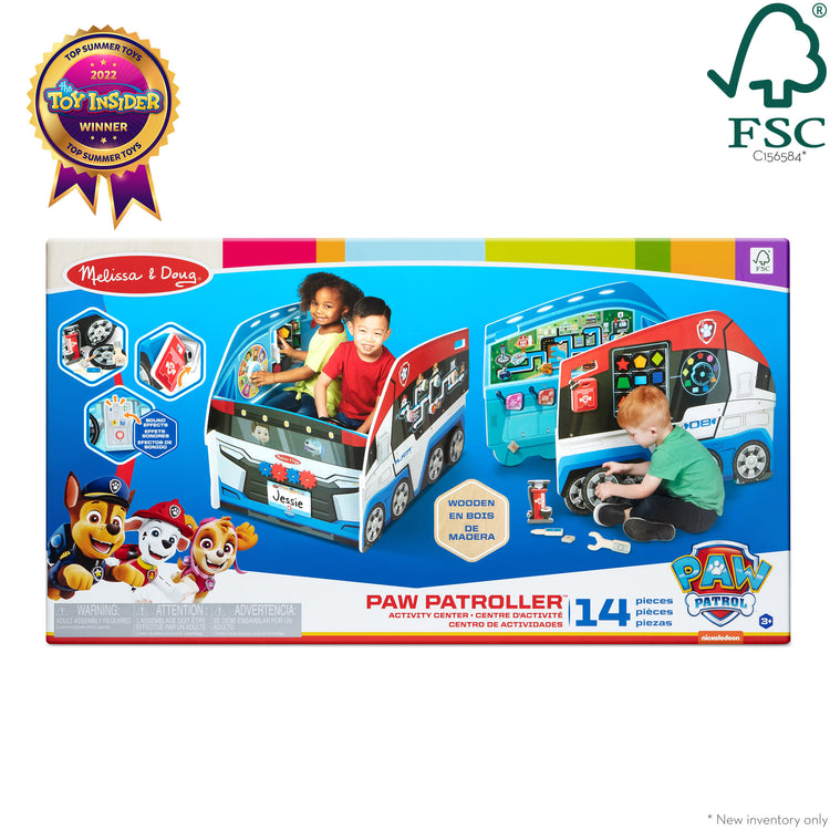 The front of the box for The Melissa & Doug PAW Patrol Wooden PAW Patroller Activity Center Multi-Sided Play Space