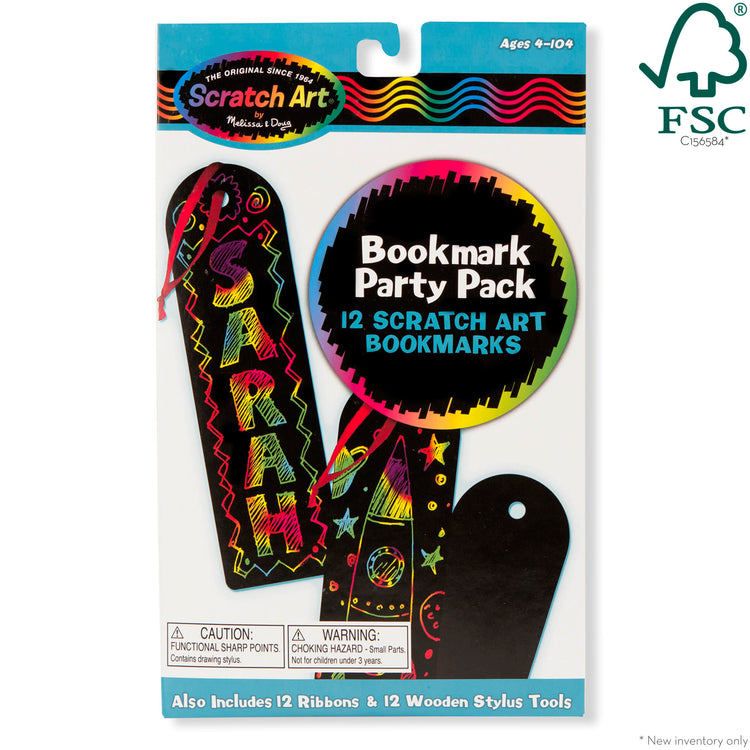 The front of the box for The Melissa & Doug Scratch Art Bookmark Party Pack Activity Kit - 12 Bookmarks